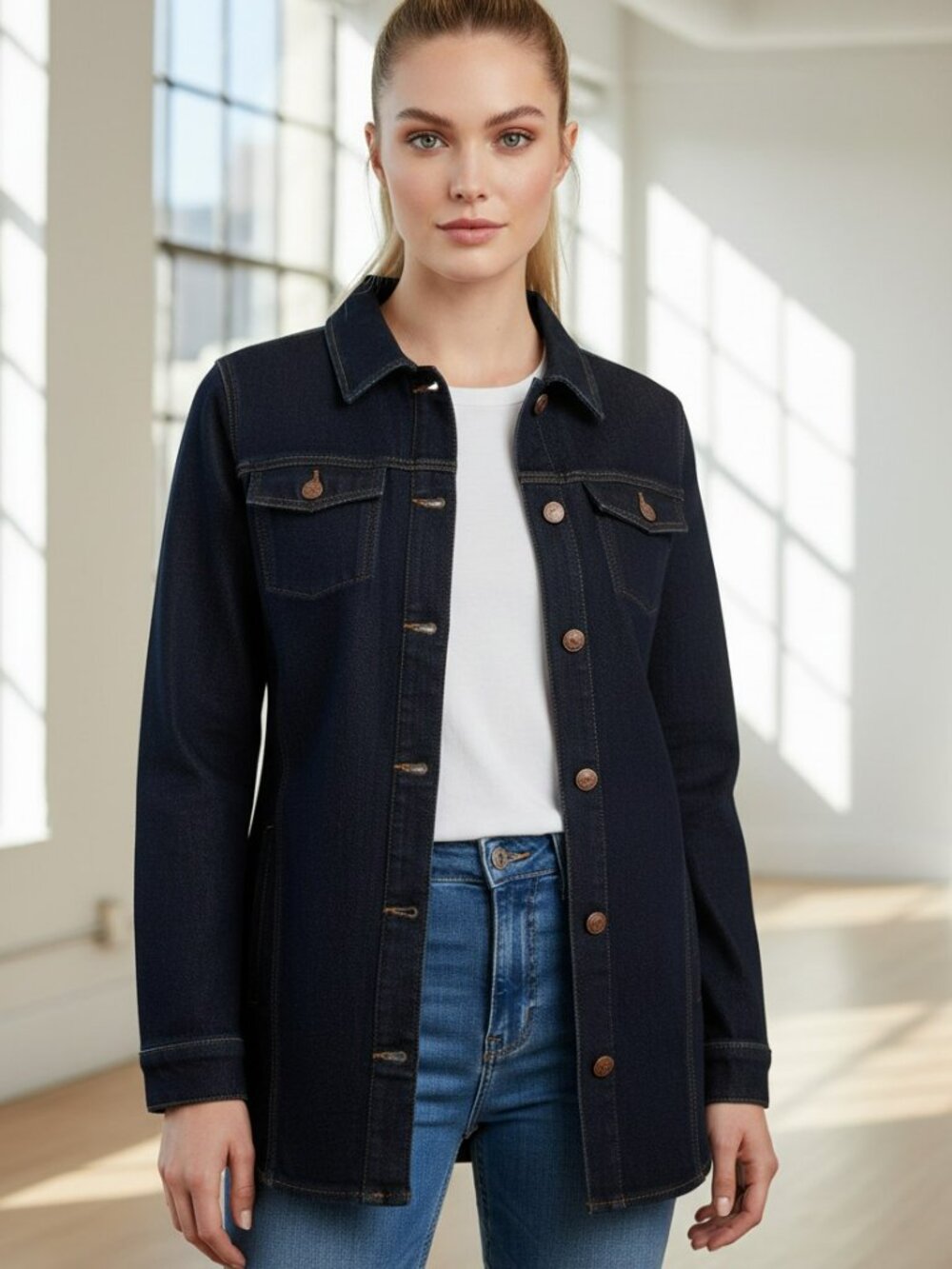 Chico's Size 0 Dark Indigo Denim Stretch Jacket Small US 4 6 Jean Trucker